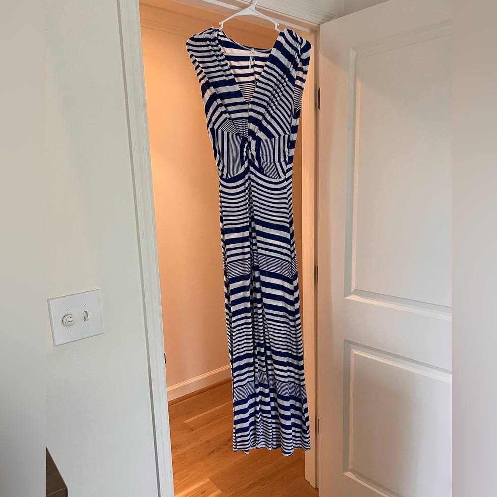Blue and white v neck maxi dress